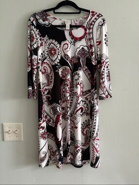 Chico's Black, White & Red Paisley A-Line Long Sleeve Dress